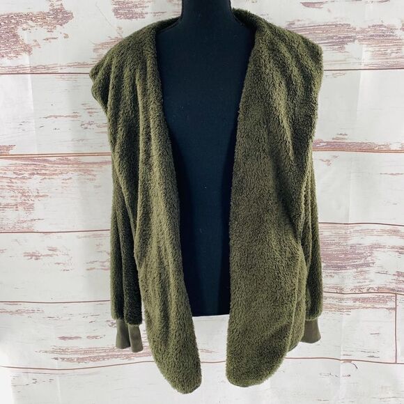NWT Forgotten Grace by Nordstrom Faux Shearling Hooded Front Cardigan Green M - Picture 3 of 9